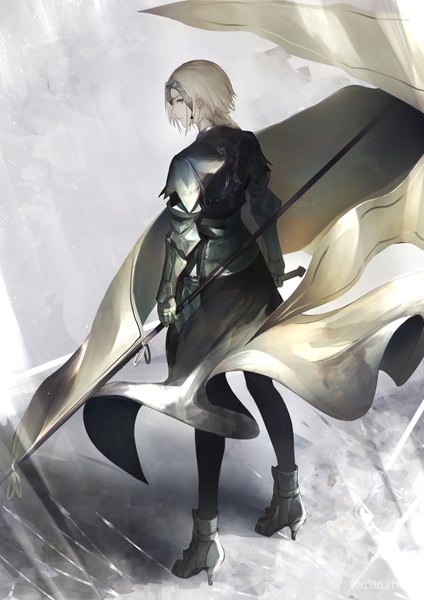 Anime picture 1158x1638 with fate (series) jeanne d'arc (fate) (all) jeanne d'arc (fate) marumoru single tall image looking at viewer short hair blonde hair standing holding signed yellow eyes full body looking back wind high heels girl dress armor