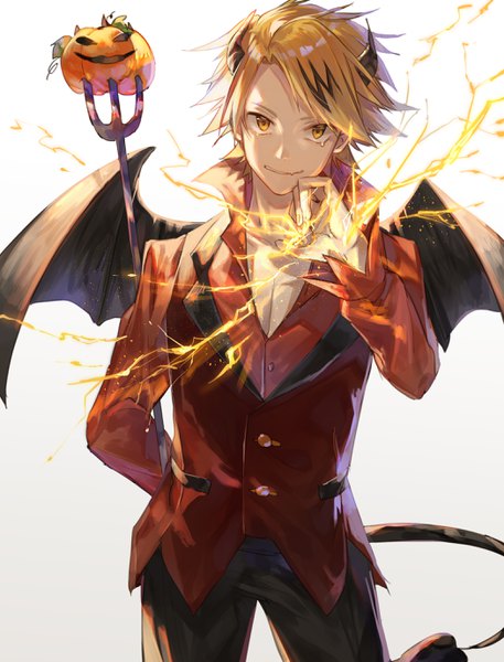Anime picture 2100x2756 with boku no hero academia studio bones kaminari denki tsugutoku single tall image looking at viewer highres short hair simple background blonde hair yellow eyes tail horn (horns) halloween demon tail arm behind back demon wings partially open clothes electricity