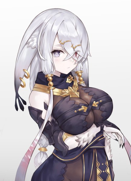 Anime picture 992x1370 with atelier (series) atelier ryza gust (company) lila decyrus fuwawa (fuwawa617) single long hair tall image looking at viewer fringe breasts light erotic simple background large breasts animal ears silver hair upper body hair over one eye heterochromia gradient background