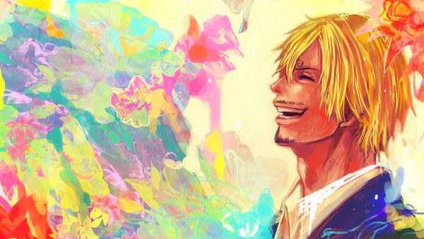 Anime picture 1121x634 with one piece toei animation sanji tsuyomaru single short hair blonde hair wide image eyes closed profile happy laughing boy beard mustache