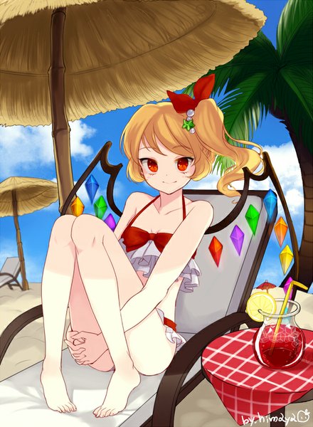 Anime picture 600x818 with touhou flandre scarlet himaya single tall image looking at viewer short hair blonde hair smile red eyes sitting signed sky cloud (clouds) full body one side up summer girl plant (plants) wings