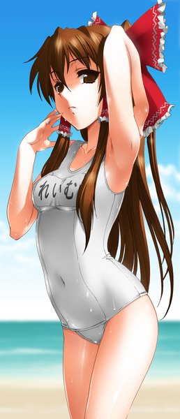 Anime picture 1024x2381 with touhou hakurei reimu byeontae jagga single long hair tall image looking at viewer fringe breasts brown hair standing brown eyes from below looking down summer girl navel bow swimsuit hair bow