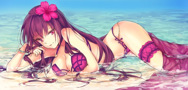 Anime picture 1075x516 with fate (series) fate/grand order scathach (fate) (all) scathach (swimsuit assassin) (fate) kinokohime single long hair looking at viewer fringe breasts light erotic smile hair between eyes wide image large breasts purple hair pink eyes hair flower wet alternate costume