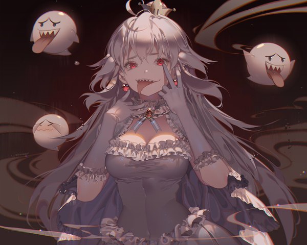 Anime-Bild 1024x820 mit super mario bros. new super mario bros. u deluxe princess king boo boo (mario) kawacy single long hair looking at viewer fringe breasts open mouth hair between eyes red eyes large breasts signed payot cleavage silver hair upper body ahoge