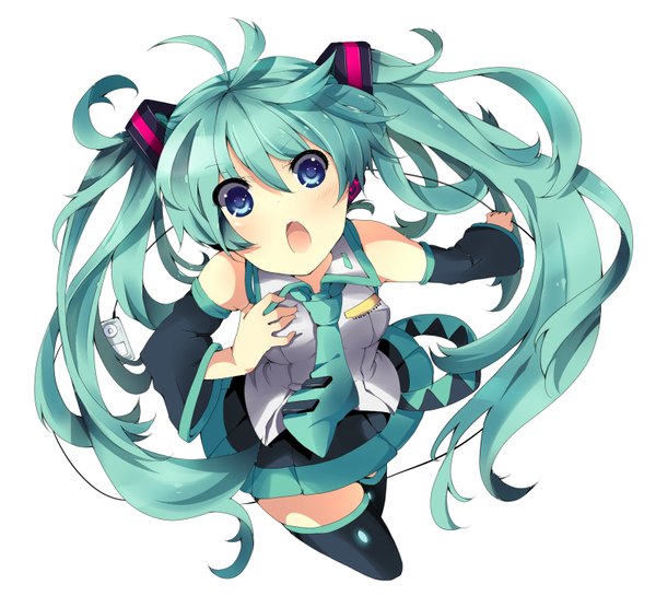 Anime picture 1555x1414 with vocaloid hatsune miku enje (pixiv3289887) single looking at viewer open mouth blue eyes simple background white background twintails bare shoulders very long hair aqua hair girl thighhighs skirt hair ornament black thighhighs detached sleeves miniskirt