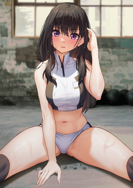 Anime picture 1179x1664 with lycoris recoil inoue takina solar (happymonk) single long hair tall image looking at viewer blush fringe open mouth light erotic black hair hair between eyes sitting purple eyes head tilt arm up blurry wet spread legs