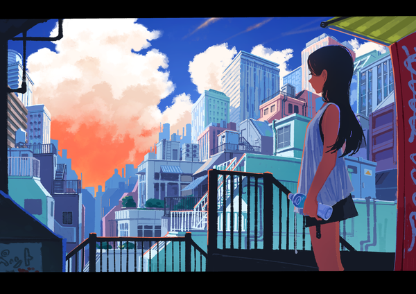 Anime picture 2047x1447 with original kaneni single long hair highres black hair standing sky cloud (clouds) outdoors sleeveless city letterboxed cityscape girl bottle water bottle vending machine