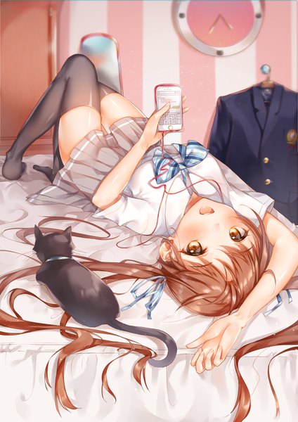 Anime picture 2480x3508 with original djchanmio single long hair tall image looking at viewer blush fringe highres breasts open mouth brown hair twintails holding brown eyes full body bent knee (knees) indoors lying :d