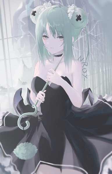 Anime picture 900x1403 with original nroy- single tall image looking at viewer blush fringe short hair breasts hair between eyes standing bare shoulders holding green eyes signed payot cleavage green hair blurry hair bun (hair buns)