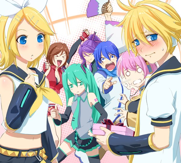 Anime picture 1010x909 with vocaloid hatsune miku megurine luka kagamine rin kagamine len kaito (vocaloid) meiko kamui gakupo yahako long hair looking at viewer blush fringe short hair open mouth blue eyes simple background blonde hair smile hair between eyes