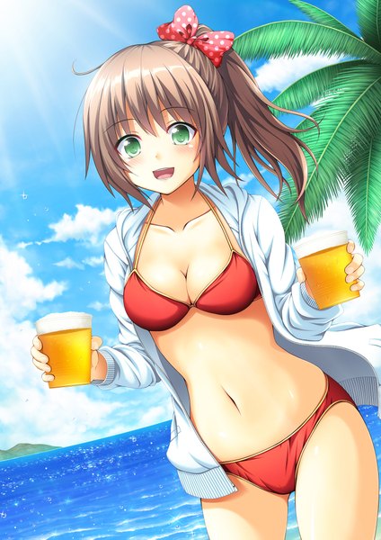 Anime picture 1378x1949 with original nakamura sumikage single long hair tall image blush open mouth light erotic brown hair green eyes sky cloud (clouds) ponytail beach girl navel bow swimsuit hair bow bikini