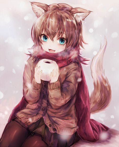 Anime picture 2300x2828 with original suke single tall image looking at viewer fringe highres open mouth smile hair between eyes brown hair sitting twintails holding animal ears long sleeves :d aqua eyes blurry fang (fangs)