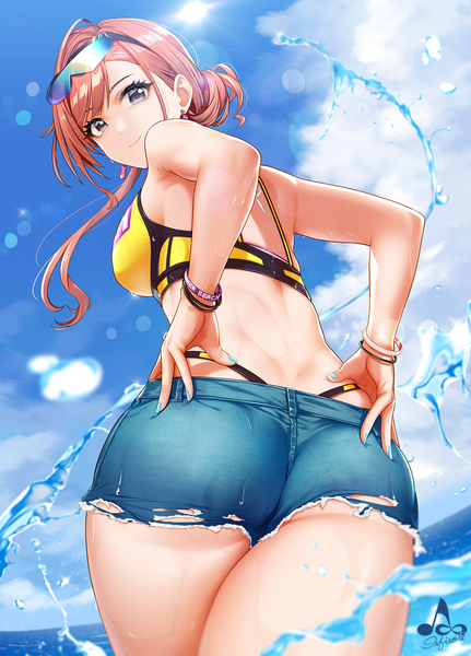 Anime picture 1200x1671 with idolmaster idolmaster shiny colors arisugawa natsuha infinote single long hair tall image looking at viewer fringe breasts light erotic brown eyes signed payot sky cloud (clouds) outdoors ass nail polish looking back