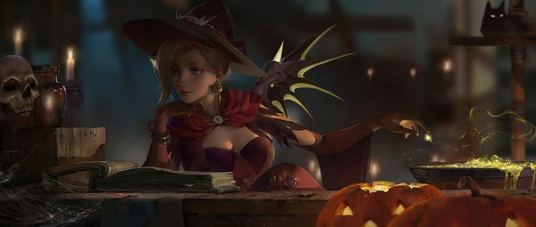 Anime picture 1760x750 with overwatch blizzard entertainment mercy (overwatch) witch mercy vnug7855 single highres short hair blue eyes blonde hair wide image looking away cleavage lipstick halloween eyeshadow red lipstick witch makeup chin rest