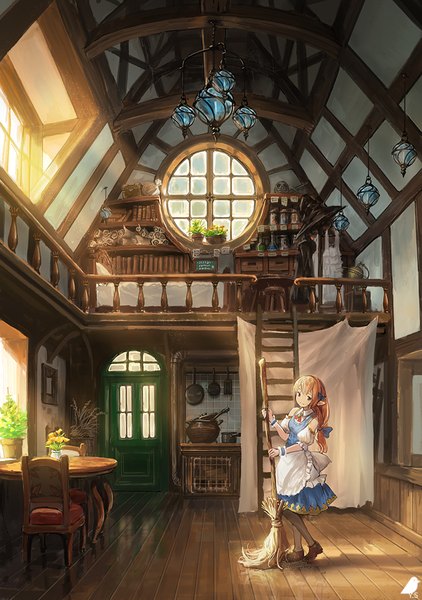 Anime picture 704x1000 with original you shimizu single long hair tall image looking at viewer blonde hair smile holding brown eyes full body indoors pointy ears sunlight short sleeves maid puffy sleeves elf floor girl