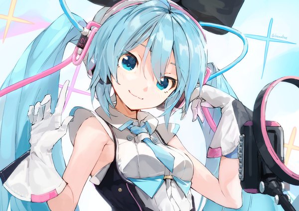 Anime picture 2000x1414 with vocaloid magical mirai (vocaloid) hatsune miku magical mirai miku magical mirai miku (2016) chamu (chammkue) single long hair fringe highres blue eyes smile hair between eyes twintails signed blue hair upper body sleeveless twitter username girl