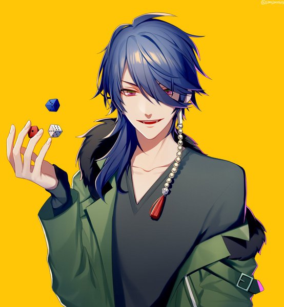 Anime picture 1000x1082 with hypnosis mic arisugawa dice asd13 single long hair tall image fringe simple background hair between eyes purple eyes blue hair upper body off shoulder open jacket fur trim yellow background boy hair ornament jacket fur