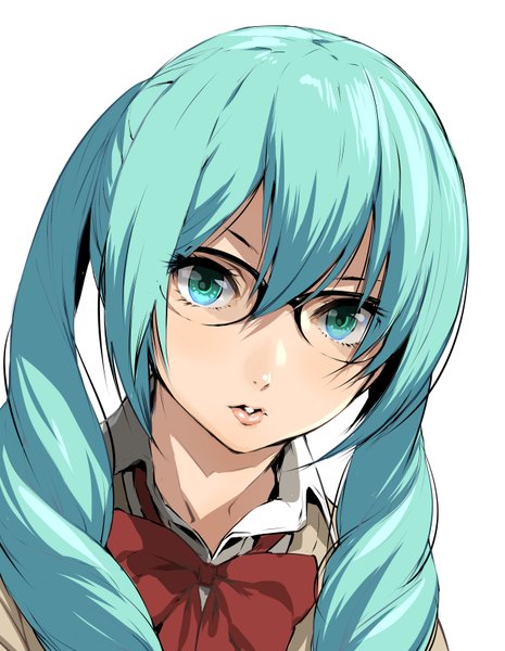 Anime picture 2544x3280 with vocaloid hatsune miku enami katsumi single long hair tall image fringe highres simple background hair between eyes white background twintails aqua eyes lips aqua hair :o drill hair portrait girl uniform