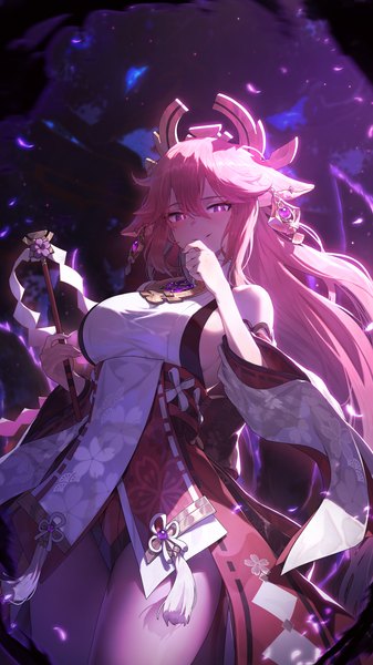 Anime picture 2160x3840 with genshin impact yae miko sushispin single long hair tall image looking at viewer fringe highres breasts light erotic smile hair between eyes large breasts standing purple eyes holding animal ears pink hair traditional clothes