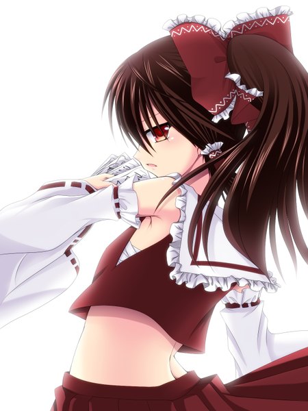Anime picture 1200x1600 with touhou hakurei reimu asazuki kanai long hair tall image simple background red eyes brown hair white background bare shoulders ponytail looking back from behind miko girl skirt bow hair bow detached sleeves skirt set