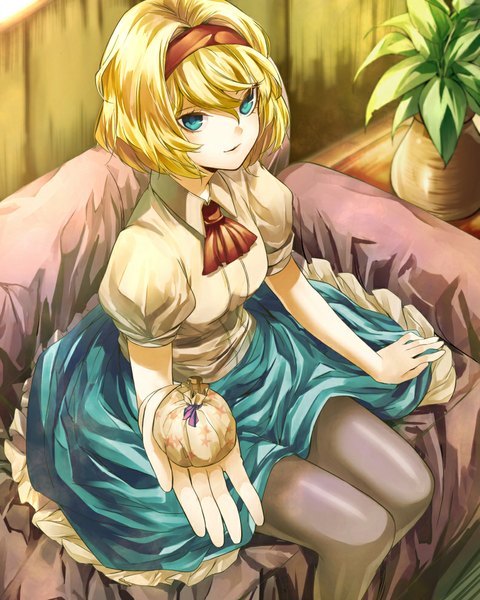 Anime picture 792x990 with touhou alice margatroid eredhen single tall image looking at viewer fringe short hair blue eyes blonde hair sitting light smile from above outstretched arm girl pantyhose headband couch neckerchief blouse
