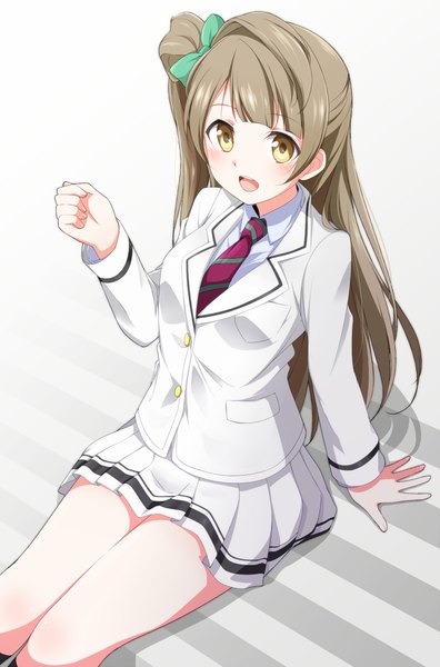 Anime picture 660x1000 with love live! school idol project sunrise (studio) love live! minami kotori mobu single long hair tall image looking at viewer blush fringe open mouth brown hair sitting yellow eyes from above shadow alternate costume girl uniform