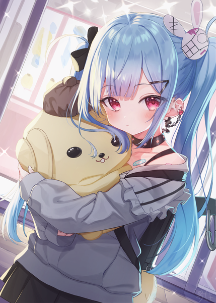 Anime picture 1555x2174 with original sanrio pompompurin tsukiman single long hair tall image looking at viewer blush fringe standing twintails payot blue hair long sleeves pleated skirt pink eyes sparkle dutch angle hug