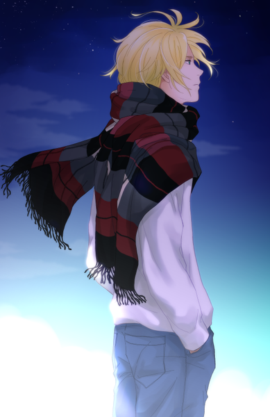 Anime picture 520x802 with banana fish mappa ash lynx sawa nya single tall image fringe short hair blonde hair green eyes looking away cloud (clouds) outdoors profile wind night night sky hand in pocket boy scarf