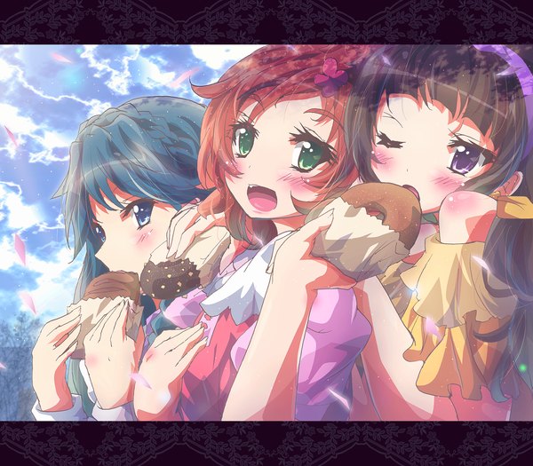 Anime picture 1600x1400 with precure go! princess precure toei animation amanogawa kirara haruno haruka kaidou minami inoshishi (ikatomo) looking at viewer blush fringe open mouth blue eyes purple eyes bare shoulders multiple girls green eyes blue hair sky purple hair cloud (clouds)