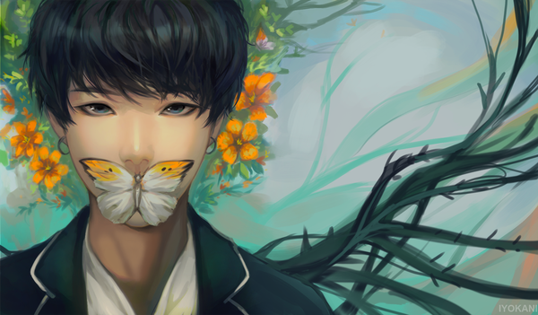 Anime picture 1322x775 with real life bts suga (bts) iyokani single looking at viewer fringe short hair black hair wide image signed upper body realistic grey eyes portrait covered mouth boy flower (flowers) earrings insect