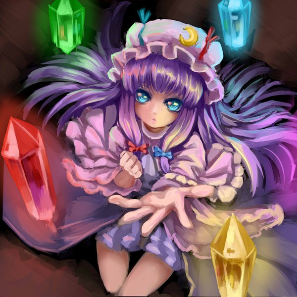 Anime picture 3248x3248 with touhou patchouli knowledge myero (artist) long hair looking at viewer highres open mouth blue eyes absurdres purple hair arms up crescent girl dress bow hair bow bonnet crystal