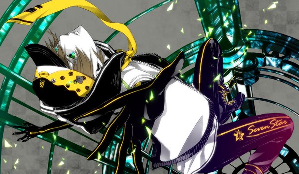 Anime picture 1536x900 with vocaloid meltdown (vocaloid) kagamine len macco (artist) single short hair blonde hair wide image green eyes flying boy gloves hat necktie