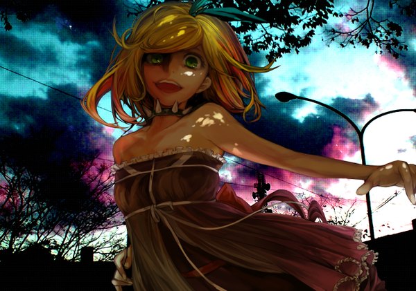 Anime picture 1280x900 with vocaloid kagamine rin tcb (pixiv) single short hair open mouth blonde hair bare shoulders green eyes cloud (clouds) girl dress bow plant (plants) hair bow tree (trees) collar lantern lamppost thorns