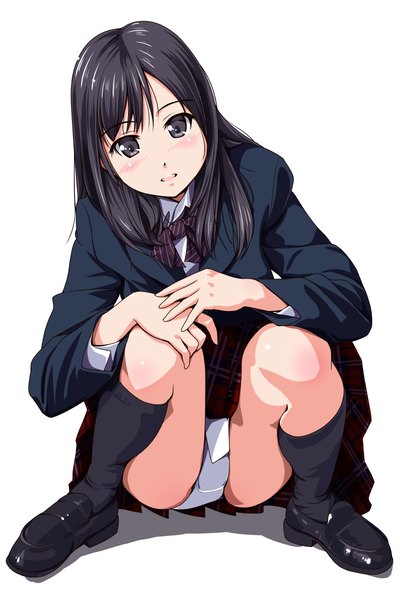 Anime picture 800x1200 with original matsunaga kouyou single long hair tall image blush open mouth light erotic black hair simple background white background black eyes shadow girl skirt uniform underwear panties school uniform socks