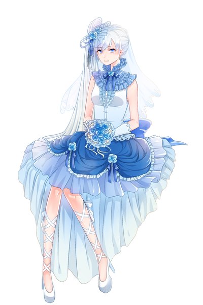 Anime picture 1600x2400 with rwby rooster teeth weiss schnee bery single long hair tall image blush fringe breasts blue eyes simple background smile white background sitting hair flower high heels alternate costume alternate hairstyle wedding