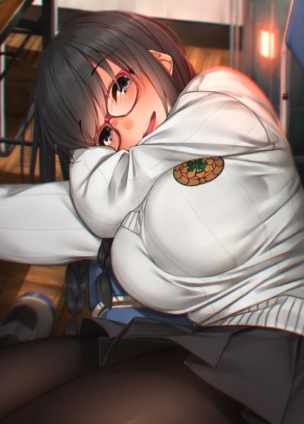 Anime picture 1058x1471 with original waterdog single long hair tall image looking at viewer blush fringe breasts open mouth light erotic black hair smile large breasts indoors lying braid (braids) pleated skirt black eyes twin braids