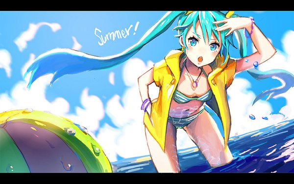 Anime picture 1000x625 with vocaloid hatsune miku sono (pixiv) single long hair looking at viewer blush fringe open mouth blue eyes wide image standing twintails sky cloud (clouds) aqua hair inscription open clothes teeth letterboxed