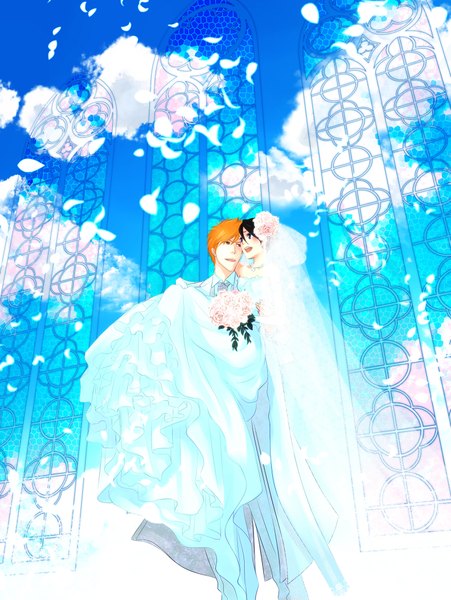 Anime picture 1600x2126 with bleach studio pierrot kurosaki ichigo kuchiki rukia hiroto touya tall image blush short hair open mouth black hair smile purple eyes bare shoulders holding brown eyes sky cloud (clouds) hair flower orange hair teeth