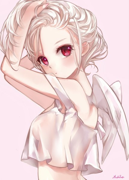 Anime picture 800x1117 with original 041 single long hair tall image looking at viewer blush breasts light erotic simple background red eyes signed white hair adjusting hair pink background angel wings angel girl wings transparent clothing