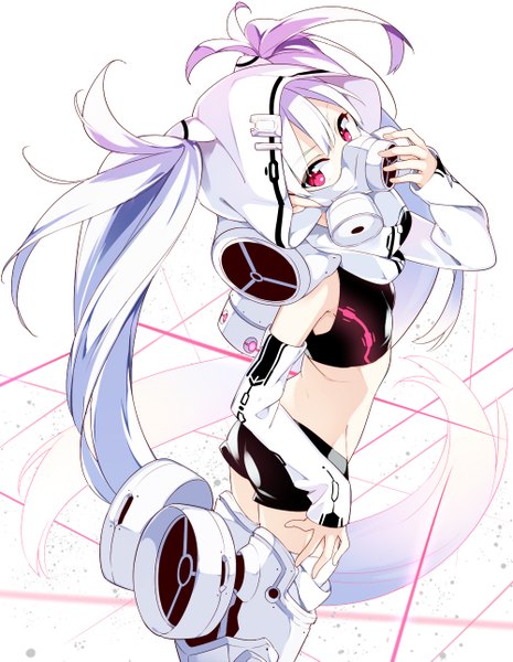 Anime picture 1000x1291 with original sama (artist) single long hair tall image looking at viewer fringe simple background white background twintails bare shoulders purple hair white hair very long hair pink eyes looking back bare legs girl shorts hood