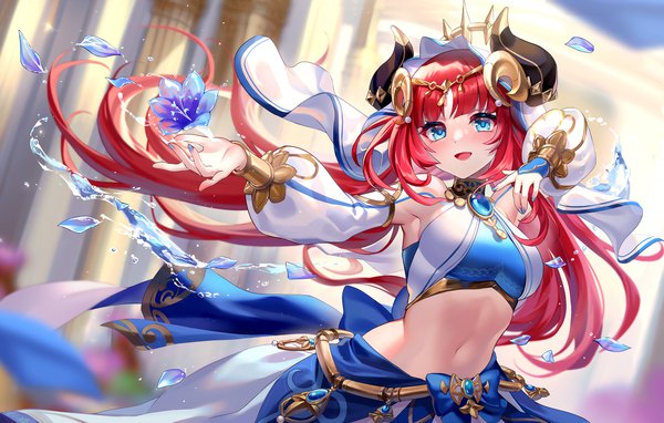 Anime picture 2460x1566 with genshin impact nilou (genshin impact) lalazyt single long hair fringe highres open mouth blue eyes looking away red hair blunt bangs nail polish :d horn (horns) midriff blue nail polish dancing girl flower (flowers)