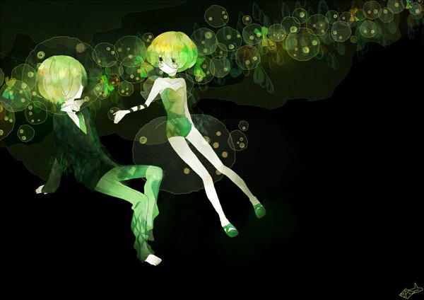 Anime picture 1000x708 with original maple (cyakapon) short hair simple background sitting bare shoulders green eyes signed green hair black background girl boy bubble (bubbles)