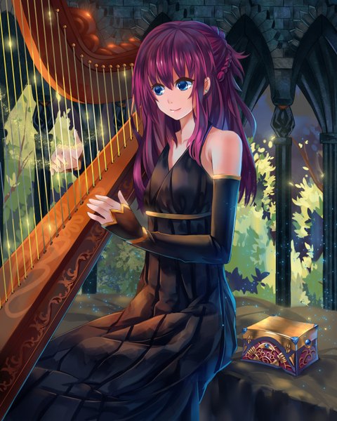 Anime picture 1200x1500 with original tsubasa19900920 single long hair tall image blue eyes sitting purple hair light smile lips happy half updo playing instrument girl dress plant (plants) earrings black dress musical instrument arch