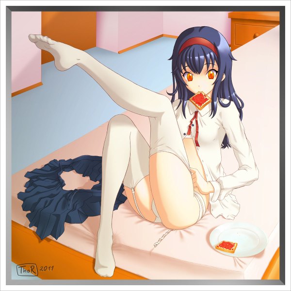 Anime picture 1200x1200 with evilflesh (artist) single long hair light erotic sitting blue hair orange eyes looking down eating dressing girl thighhighs underwear panties shirt white thighhighs food garter straps plate bread