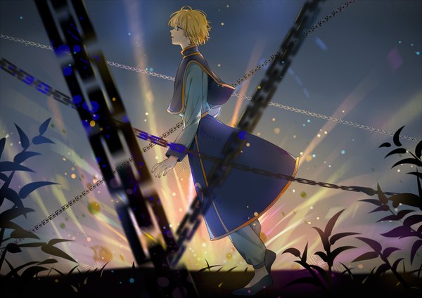 Anime picture 2000x1414 with hunter x hunter kurapica han jiu single highres short hair blonde hair standing looking away full body outdoors long sleeves parted lips profile aqua eyes leaning leaning forward glow boy plant (plants)
