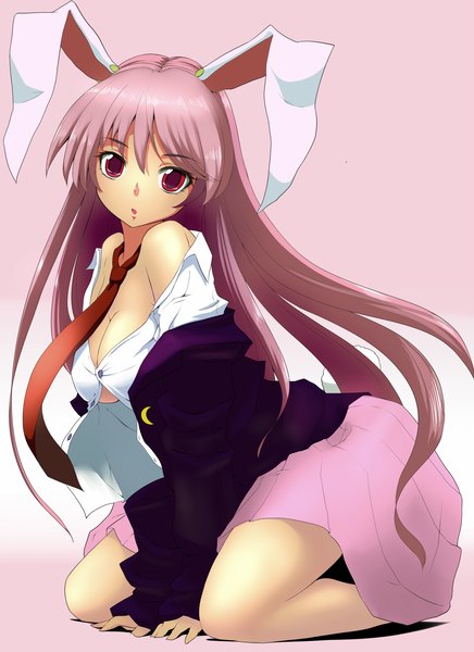 Anime picture 1250x1720 with touhou reisen udongein inaba nikka (cryptomeria) ishikkoro single long hair tall image simple background red eyes pink hair bunny ears bunny girl crescent girl skirt miniskirt necktie
