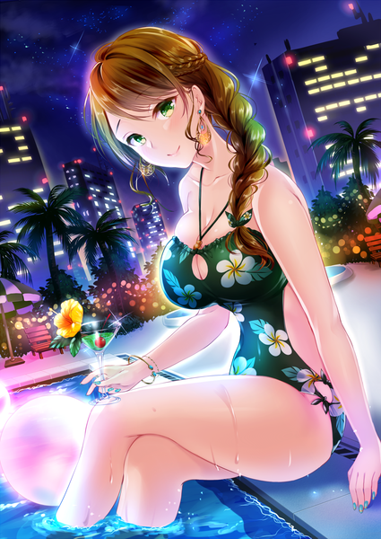 Anime picture 1003x1416 with original koyama sao single long hair tall image looking at viewer blush fringe breasts light erotic smile hair between eyes brown hair large breasts bare shoulders holding green eyes payot cleavage cloud (clouds)