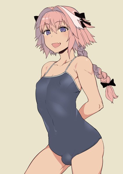 Anime picture 1012x1433 with fate (series) fate/apocrypha astolfo (fate) mo (kireinamo) single long hair tall image blush fringe open mouth light erotic simple background smile hair between eyes standing purple eyes bare shoulders pink hair white hair braid (braids)
