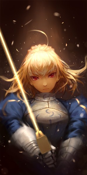Anime picture 780x1570 with fate (series) fate/stay night type-moon artoria pendragon (all) saber kokage no shita single long hair tall image looking at viewer fringe blonde hair red eyes holding braid (braids) wind hair bun (hair buns) single braid brown background glowing weapon