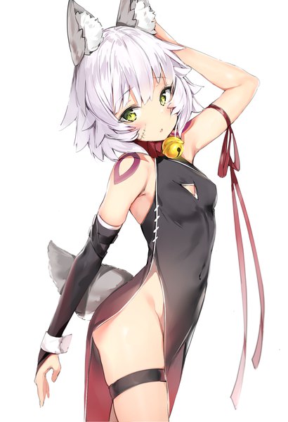 Anime picture 1400x2050 with fate (series) fate/grand order fate/apocrypha jack the ripper (fate/apocrypha) silver (chenwen) single tall image blush fringe short hair open mouth light erotic simple background hair between eyes standing white background bare shoulders green eyes animal ears silver hair